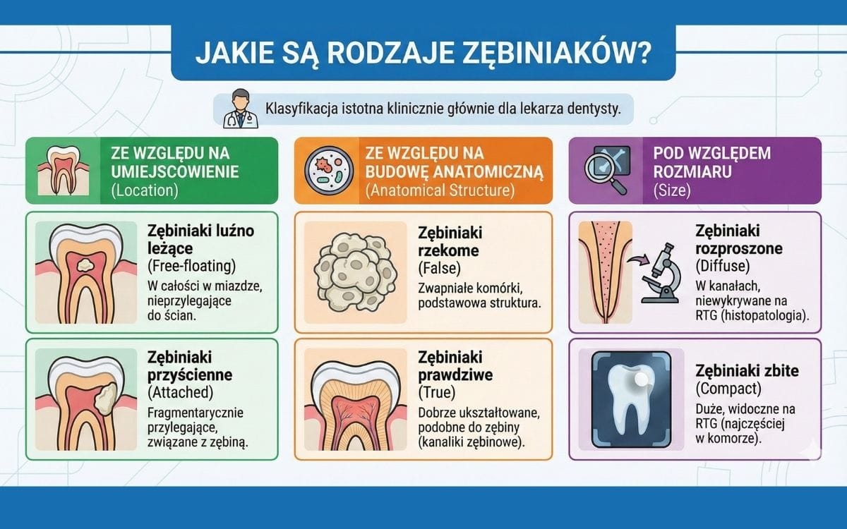 Infografika medyczna przedstawiająca podział zębiniaków według trzech kryteriów: 1. Umiejscowienie (luźno leżące w miazdze oraz przyścienne); 2. Budowa anatomiczna (rzekome ze zwapniałych komórek oraz prawdziwe przypominające zębinę); 3. Rozmiar (rozproszone niewidoczne na RTG oraz zbite widoczne na zdjęciu rentgenowskim).