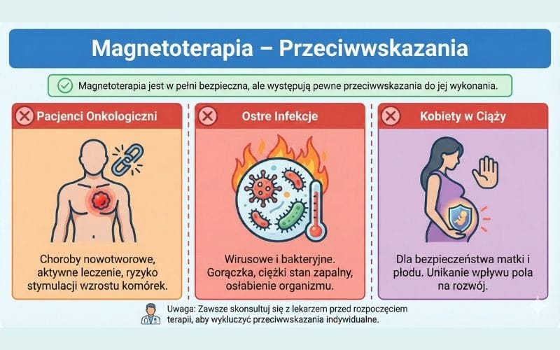 Infografika medyczna przedstawiająca przeciwwskazania do stosowania magnetoterapii. Grafika wymienia trzy główne grupy: pacjenci onkologiczni, osoby z ostrymi infekcjami oraz kobiety w ciąży.