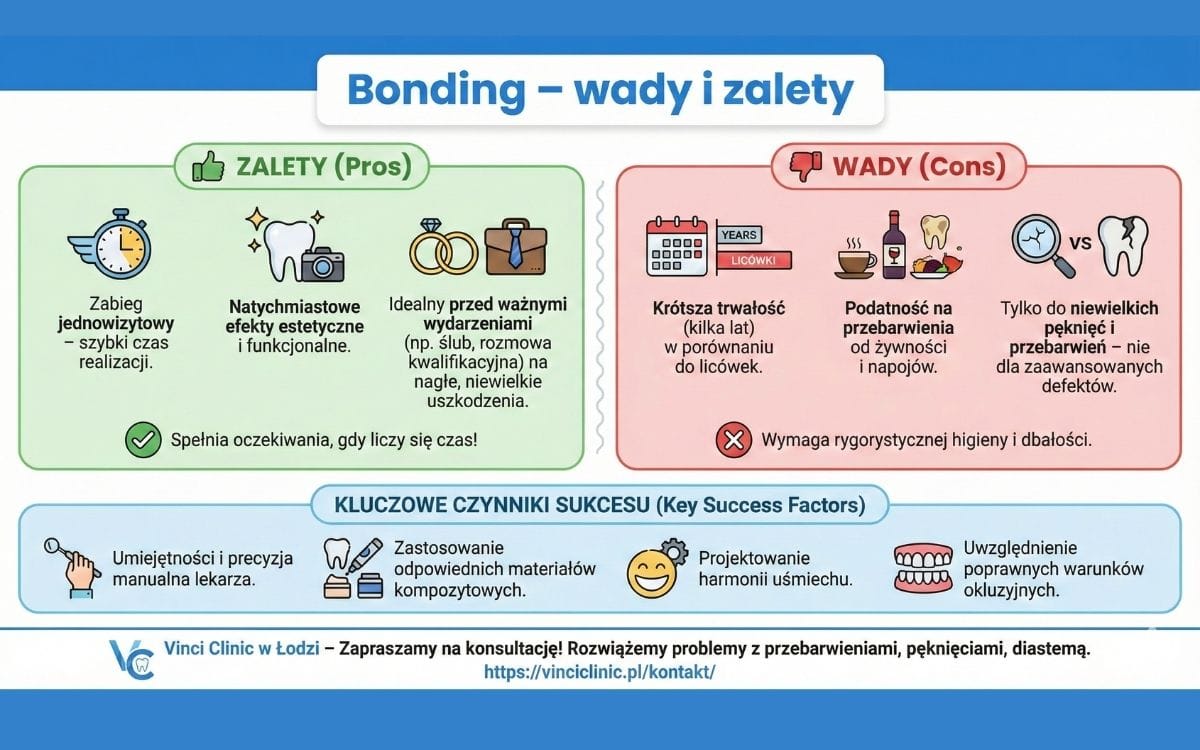 Szczegółowa infografika podzielona na sekcje: zieloną „Zalety” (m.in. zabieg jednowizytowy, natychmiastowe efekty) oraz czerwoną „Wady” (m.in. krótsza trwałość, podatność na przebarwienia od żywności). U dołu znajduje się niebieski panel „Kluczowe czynniki sukcesu” (np. precyzja lekarza, warunki okluzyjne). Stopka zawiera dane kontaktowe Vinci Clinic w Łodzi.