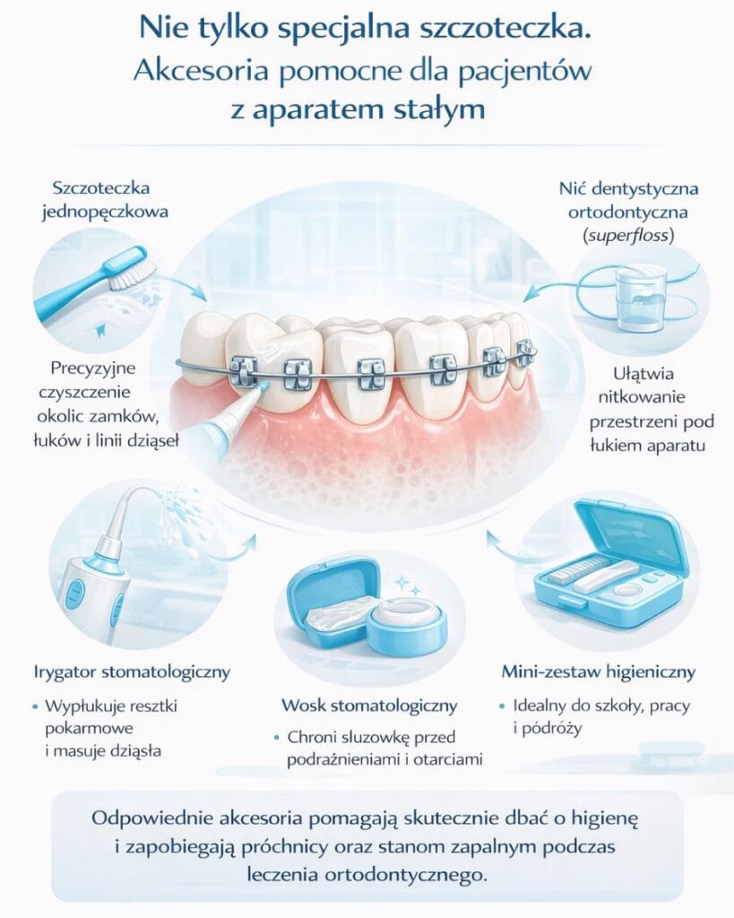 Infografika stomatologiczna przedstawiająca akcesoria pomocne dla pacjentów z aparatem stałym – schemat zębów z aparatem ortodontycznym oraz szczoteczkę jednopęczkową, nić ortodontyczną typu superfloss, irygator stomatologiczny, wosk ortodontyczny i mini-zestaw higieniczny, wspierające codzienną higienę jamy ustnej podczas leczenia ortodontycznego.