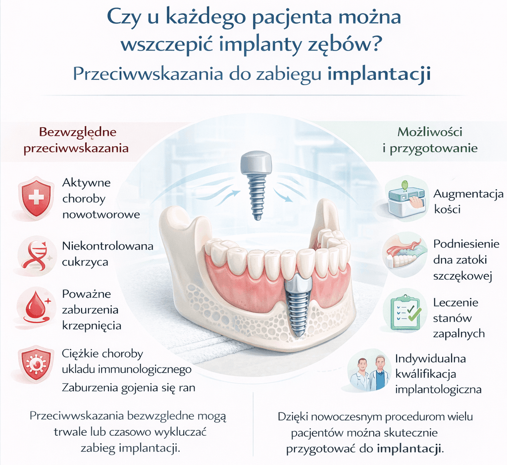 Infografika medyczna przedstawiająca przeciwwskazania do wszczepienia implantów zębów – schemat szczęki z implantem oraz podział na przeciwwskazania bezwzględne (m.in. choroby nowotworowe, niekontrolowana cukrzyca, zaburzenia krzepnięcia) i względne (stany zapalne jamy ustnej, palenie tytoniu, bruksizm, niedobór kości), wraz z nowoczesnymi możliwościami przygotowania pacjenta do implantacji.
